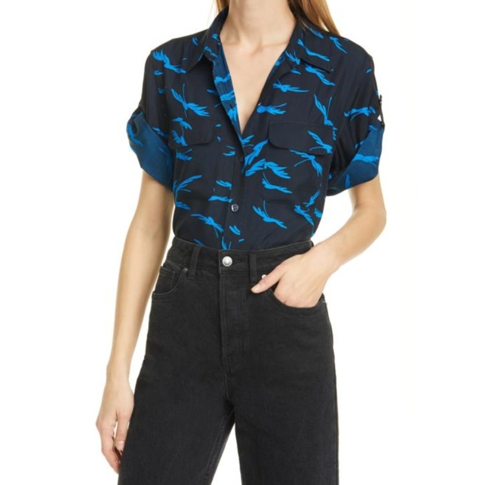 Equipment Marilau Short Sleeve Blouse Womens Large Blue Relaxed Fit Luxury EUC